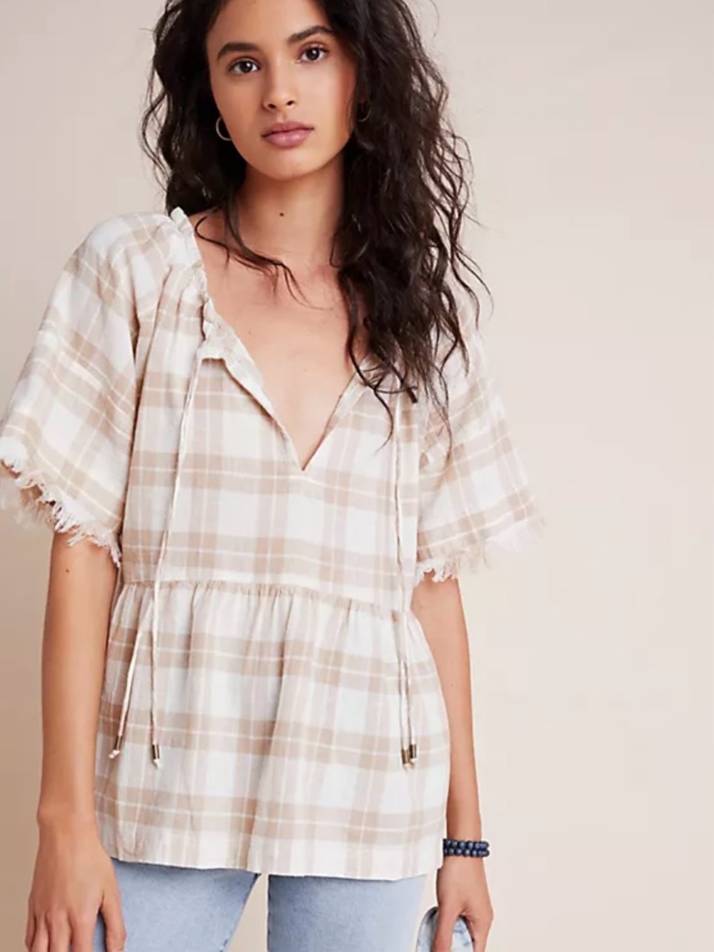 anthropologie | pilcro bette babydoll blouse tan white plaid size m